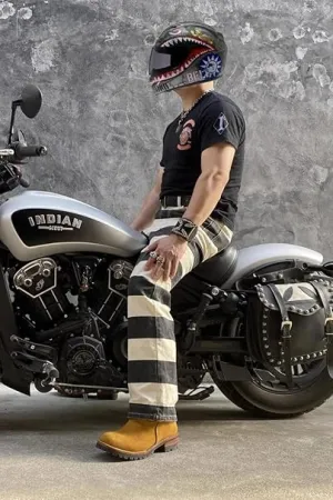 NEW Retails $180 BOB DONG 16oz Heavyweight Cotton Canvas Multi-Pocket Prison Stripes Motorcycle Pants Sz 33 Waist, Regular Length