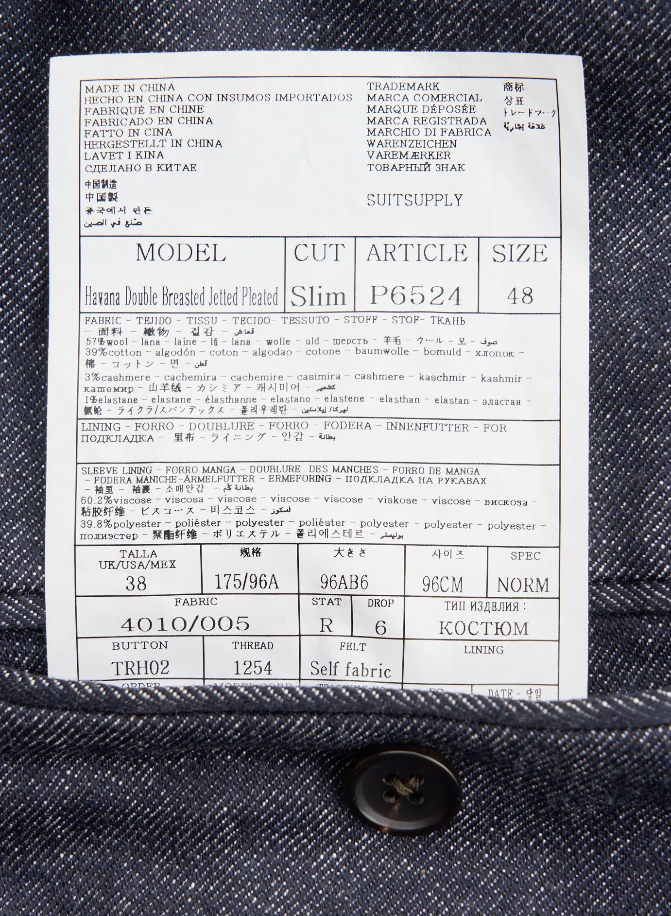 New Suitsupply Havana Blue "Denim Look" Wool, Cotton, Cashmere DB Zegna Suit - Size 38R