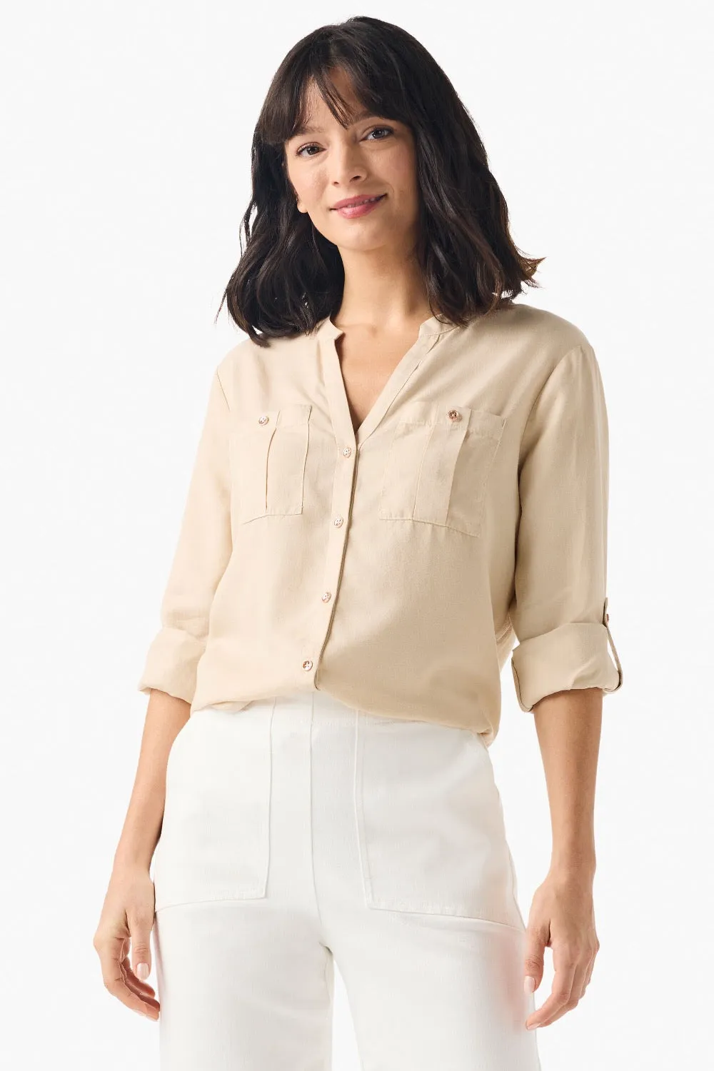 NIC ZOE Drapey Button Front Roll-Tab Utility Shirt S241639