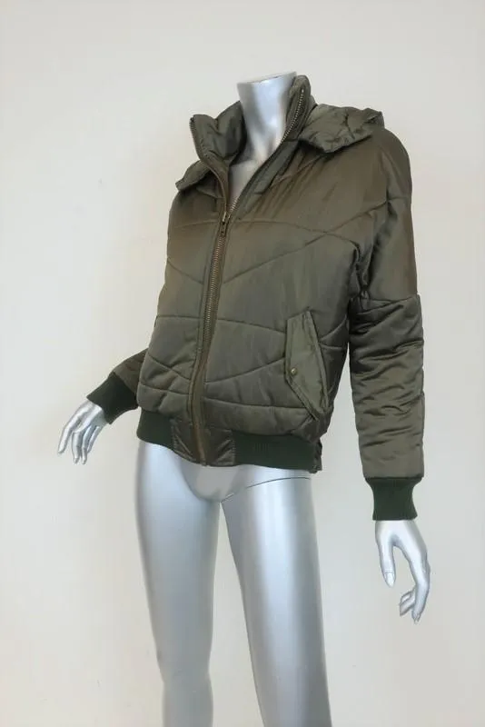NSF Puffer Jacket Veda Olive Tech-Satin Size Petite Hooded Zip-Front