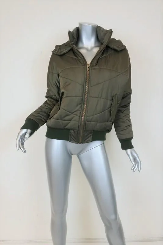NSF Puffer Jacket Veda Olive Tech-Satin Size Petite Hooded Zip-Front