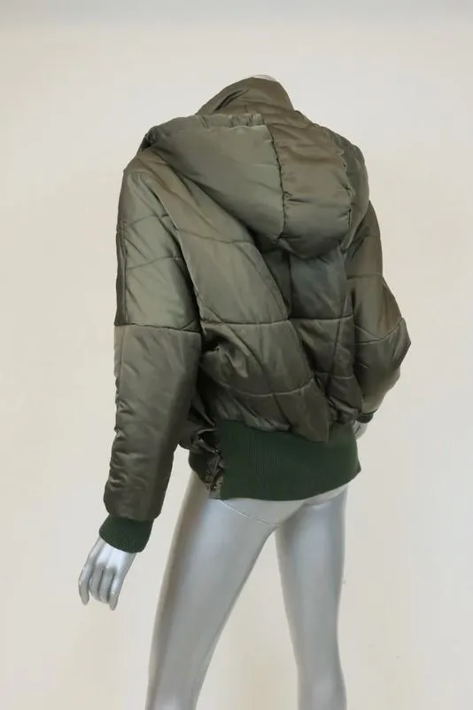 NSF Puffer Jacket Veda Olive Tech-Satin Size Petite Hooded Zip-Front
