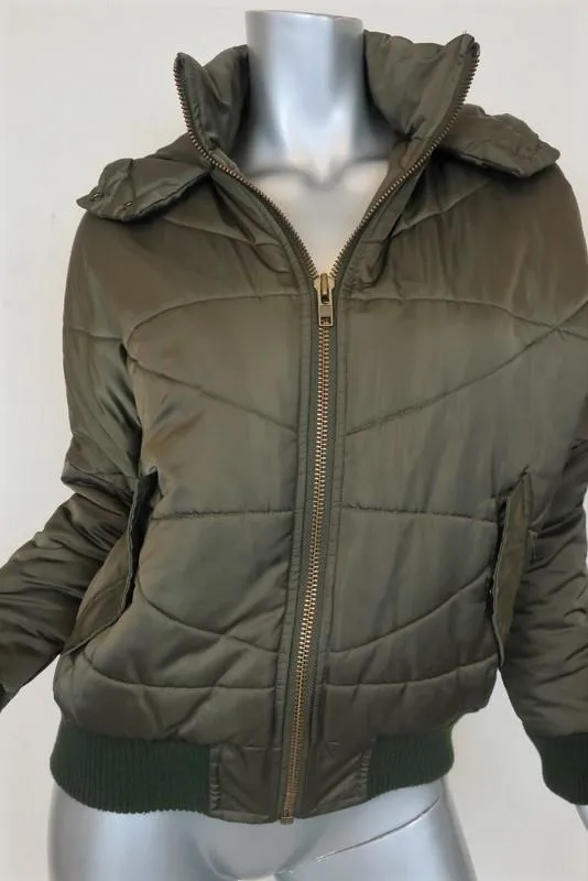 NSF Puffer Jacket Veda Olive Tech-Satin Size Petite Hooded Zip-Front