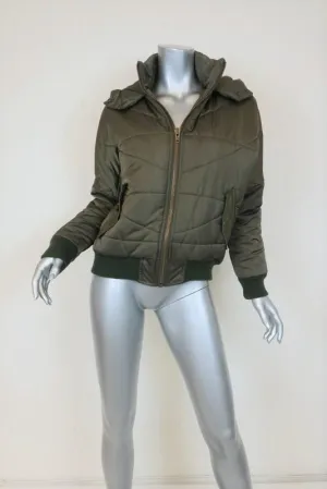 NSF Puffer Jacket Veda Olive Tech-Satin Size Petite Hooded Zip-Front