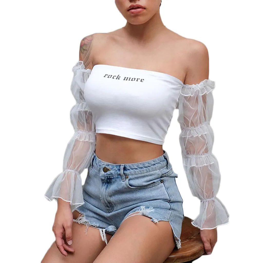 Off Shoulder Crop Top with transparant sleeves