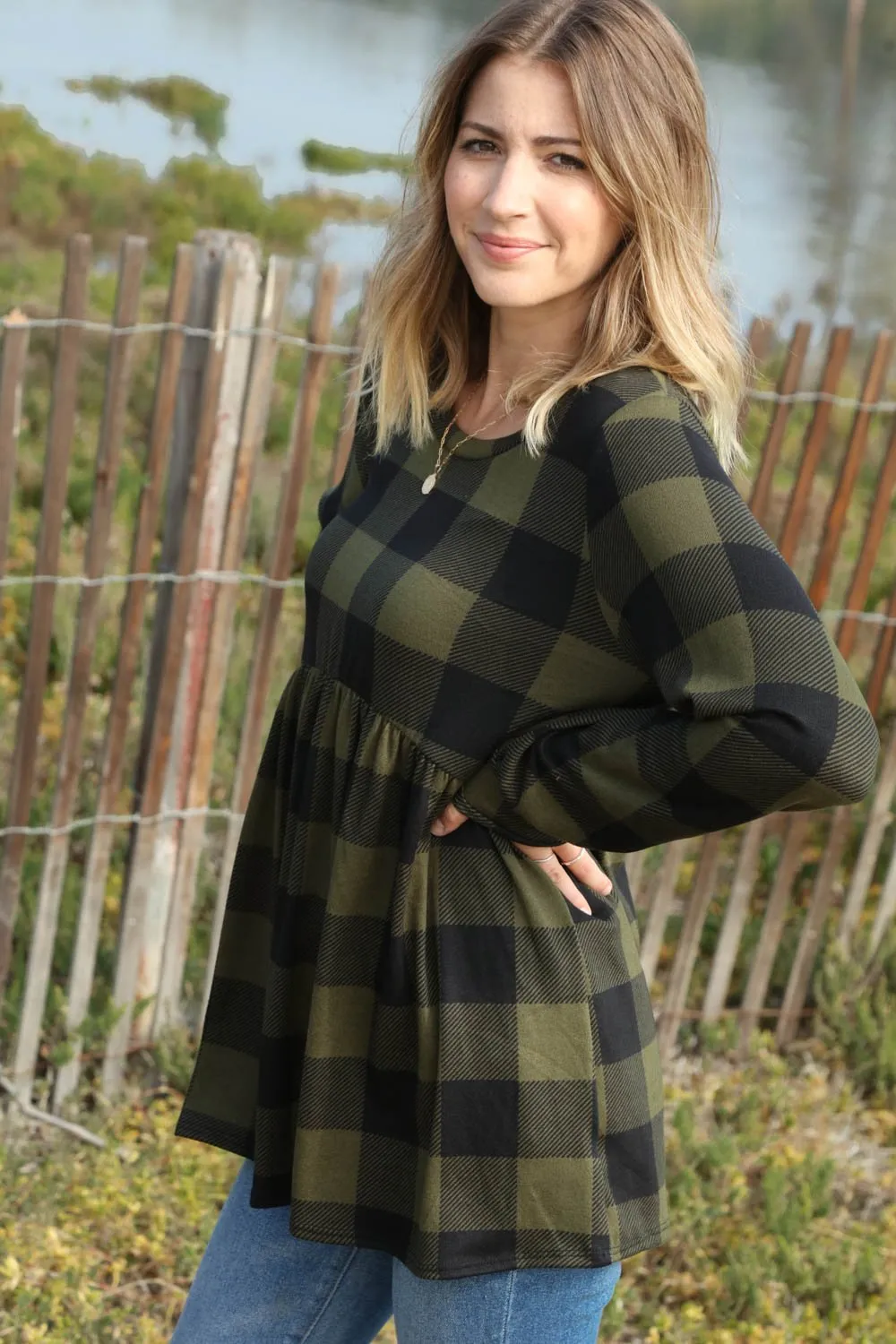 Olive Buffalo Plaid Babydoll Hacci Knit Top