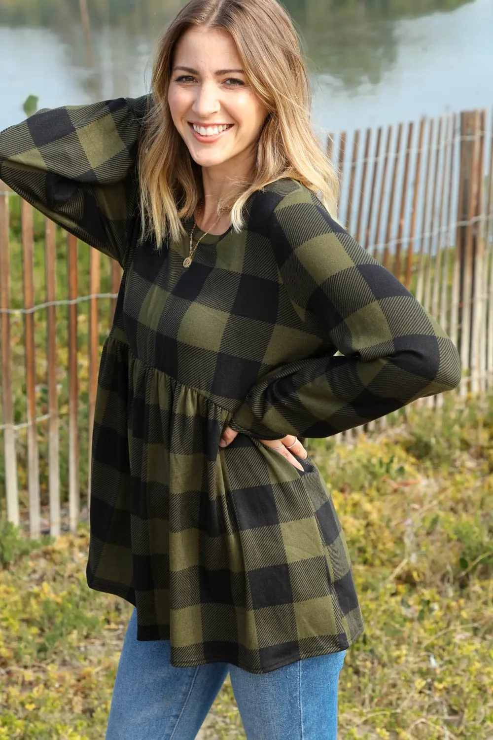 Olive Buffalo Plaid Babydoll Hacci Knit Top