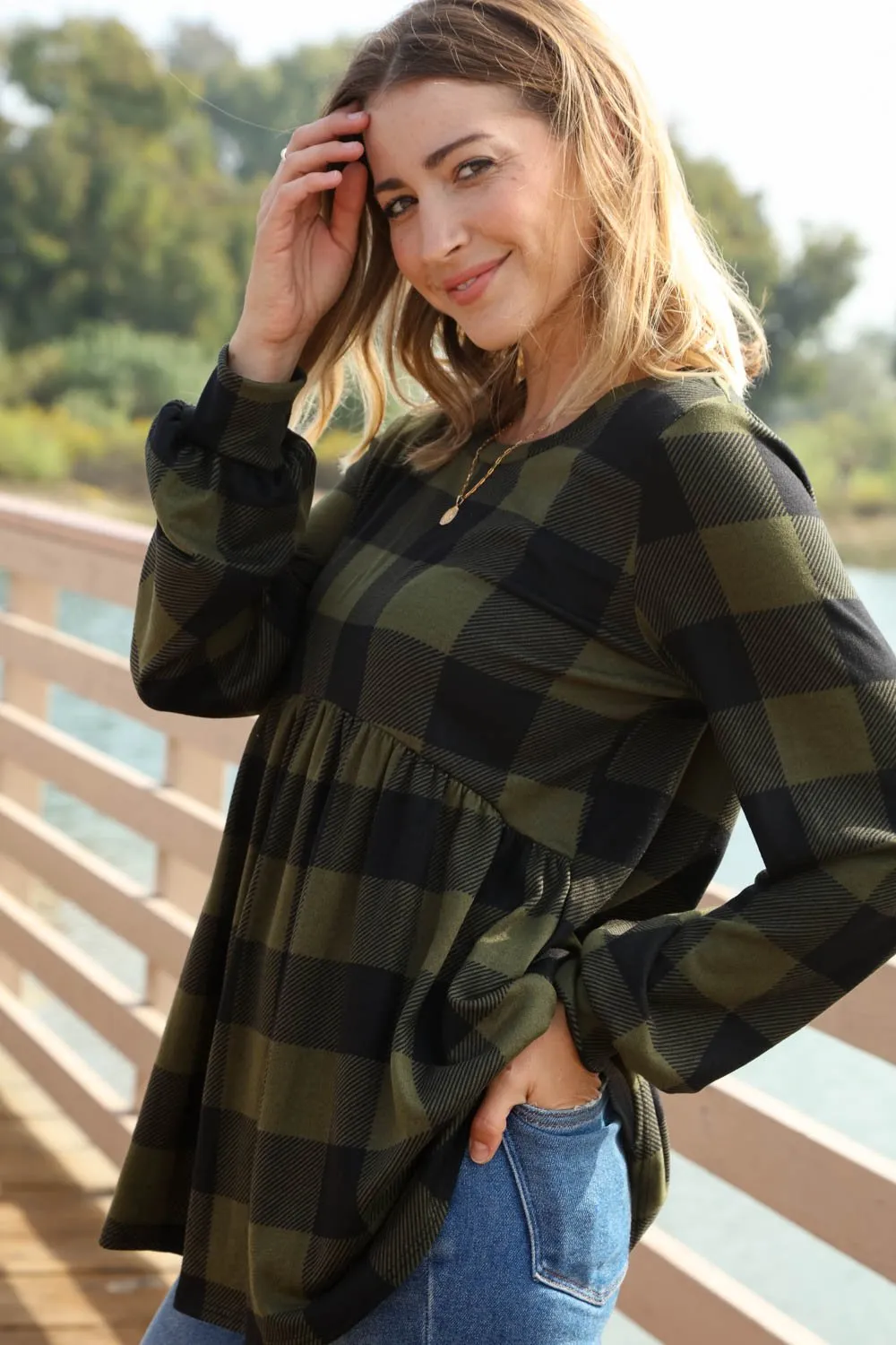 Olive Buffalo Plaid Babydoll Hacci Knit Top