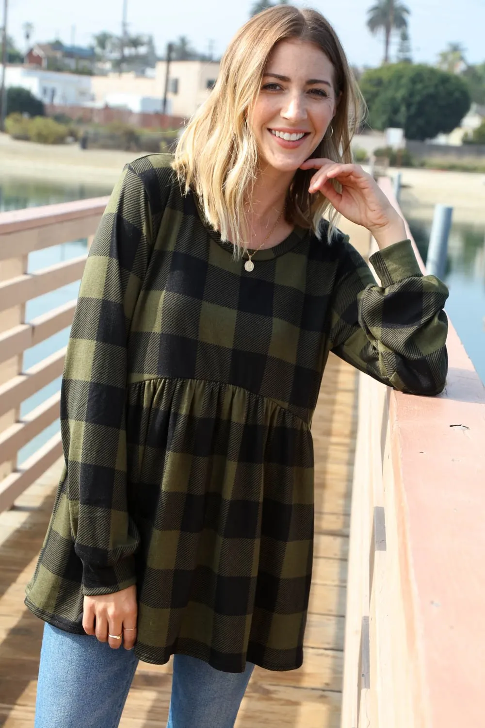Olive Buffalo Plaid Babydoll Hacci Knit Top