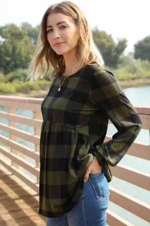 Olive Buffalo Plaid Babydoll Hacci Knit Top