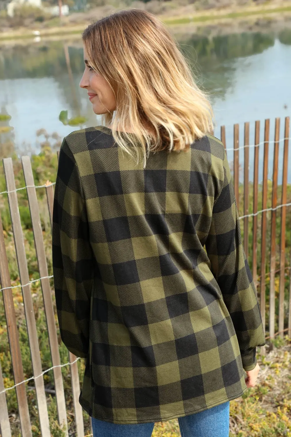 Olive Buffalo Plaid Babydoll Hacci Knit Top