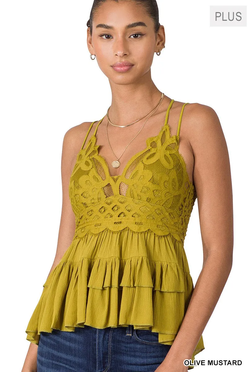 Olive Mustard Plus Crochet Lace Zenana Cami 9/4/24 8865