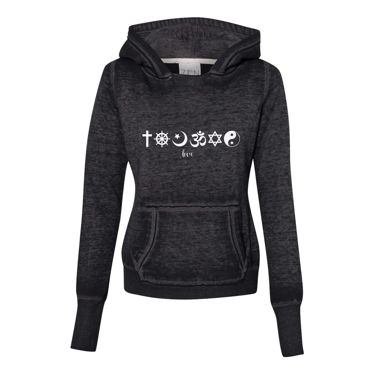 One Love Women's Zen Hoodie – Acid Washed with Religious Symbols