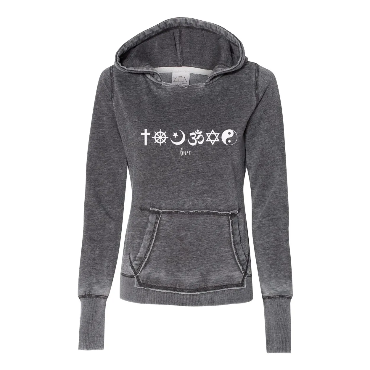 One Love Women's Zen Hoodie – Acid Washed with Religious Symbols