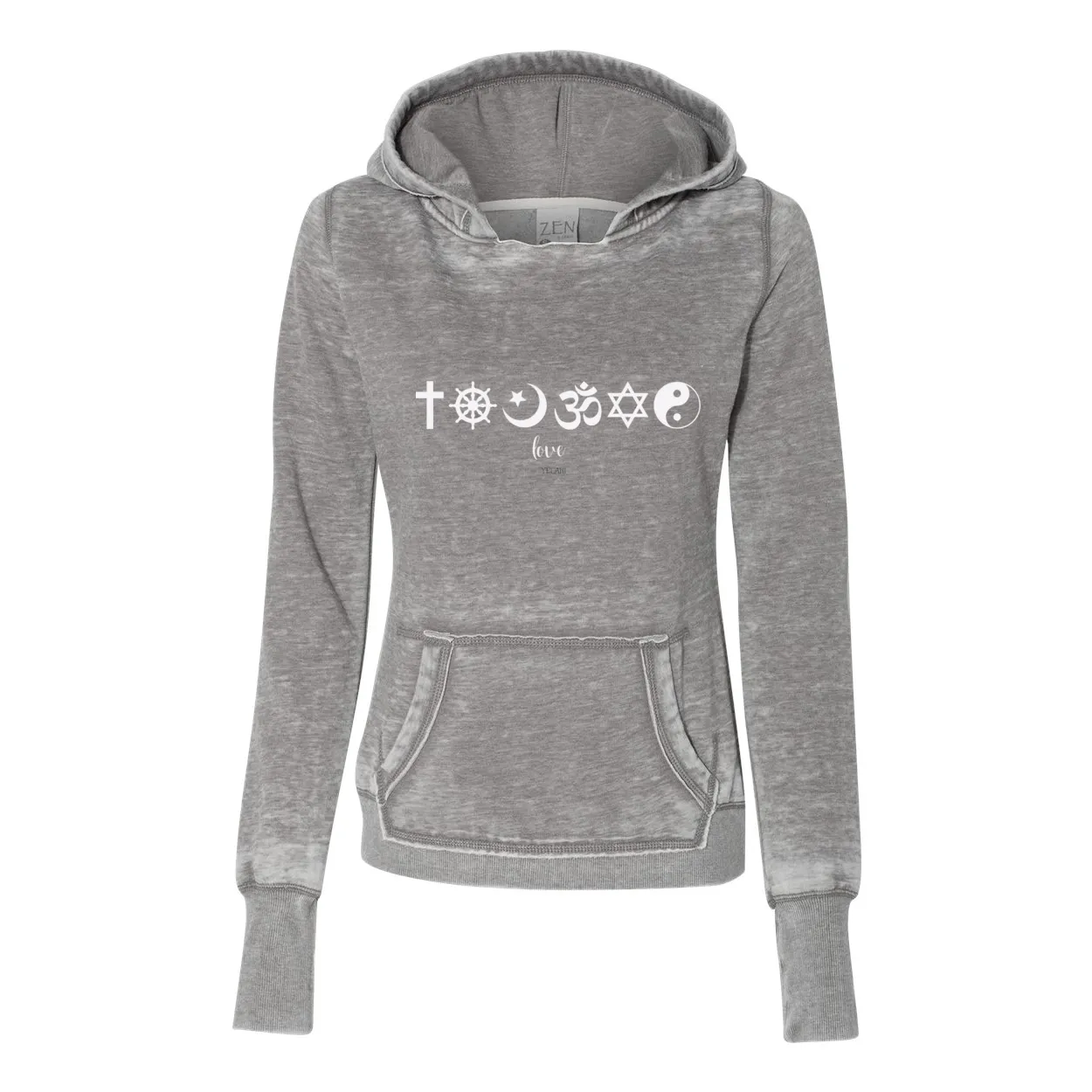 One Love Women's Zen Hoodie – Acid Washed with Religious Symbols