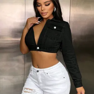One Shoulder Long Sleeve Cropped Denim Top