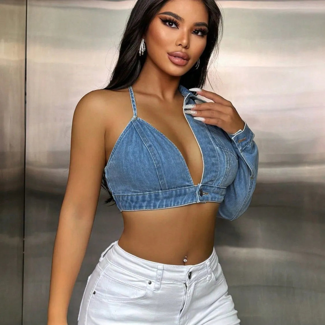 One Shoulder Long Sleeve Cropped Denim Top