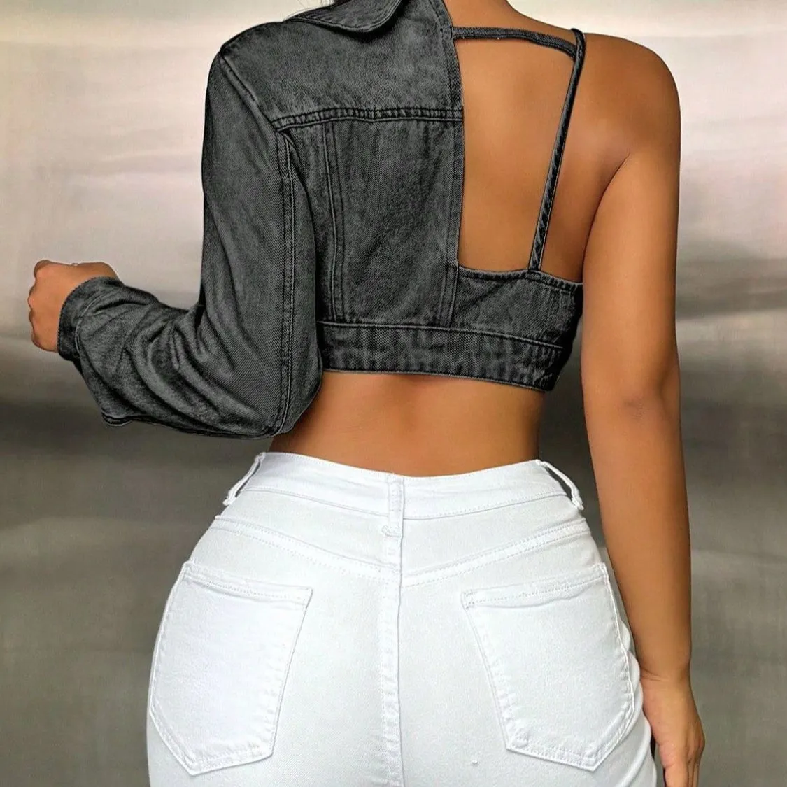 One Shoulder Long Sleeve Cropped Denim Top