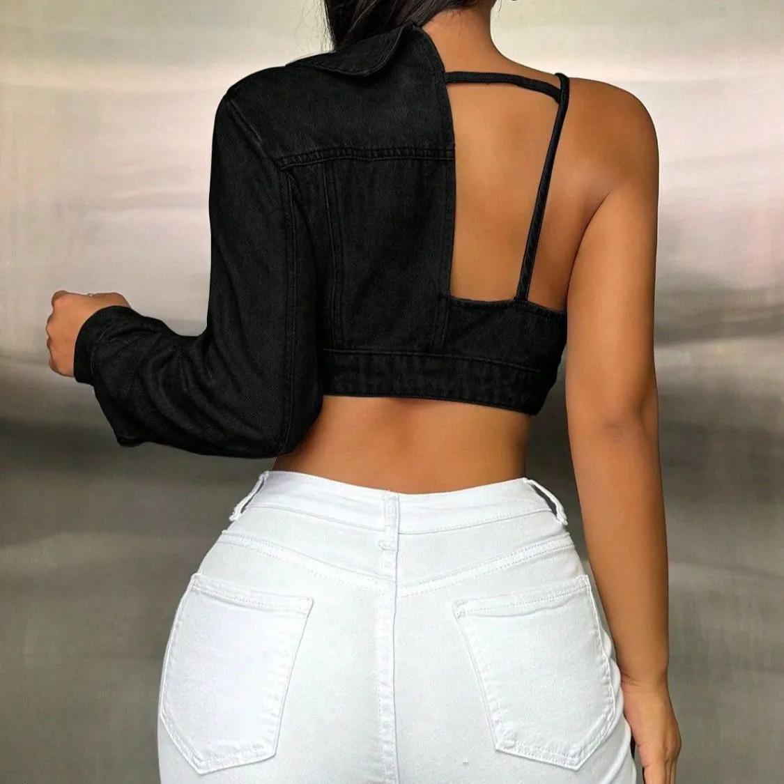 One Shoulder Long Sleeve Cropped Denim Top
