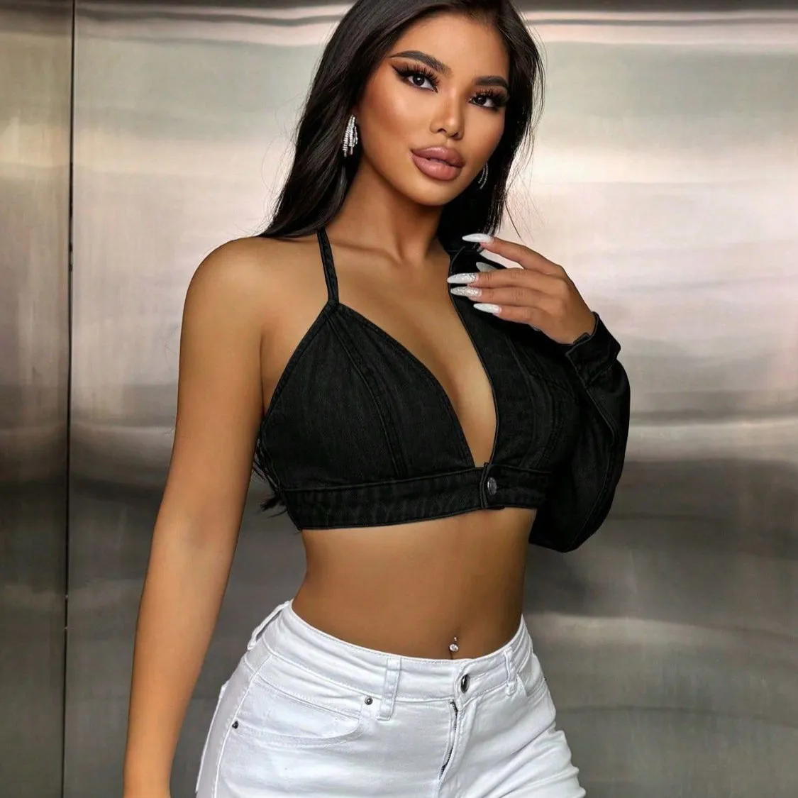 One Shoulder Long Sleeve Cropped Denim Top