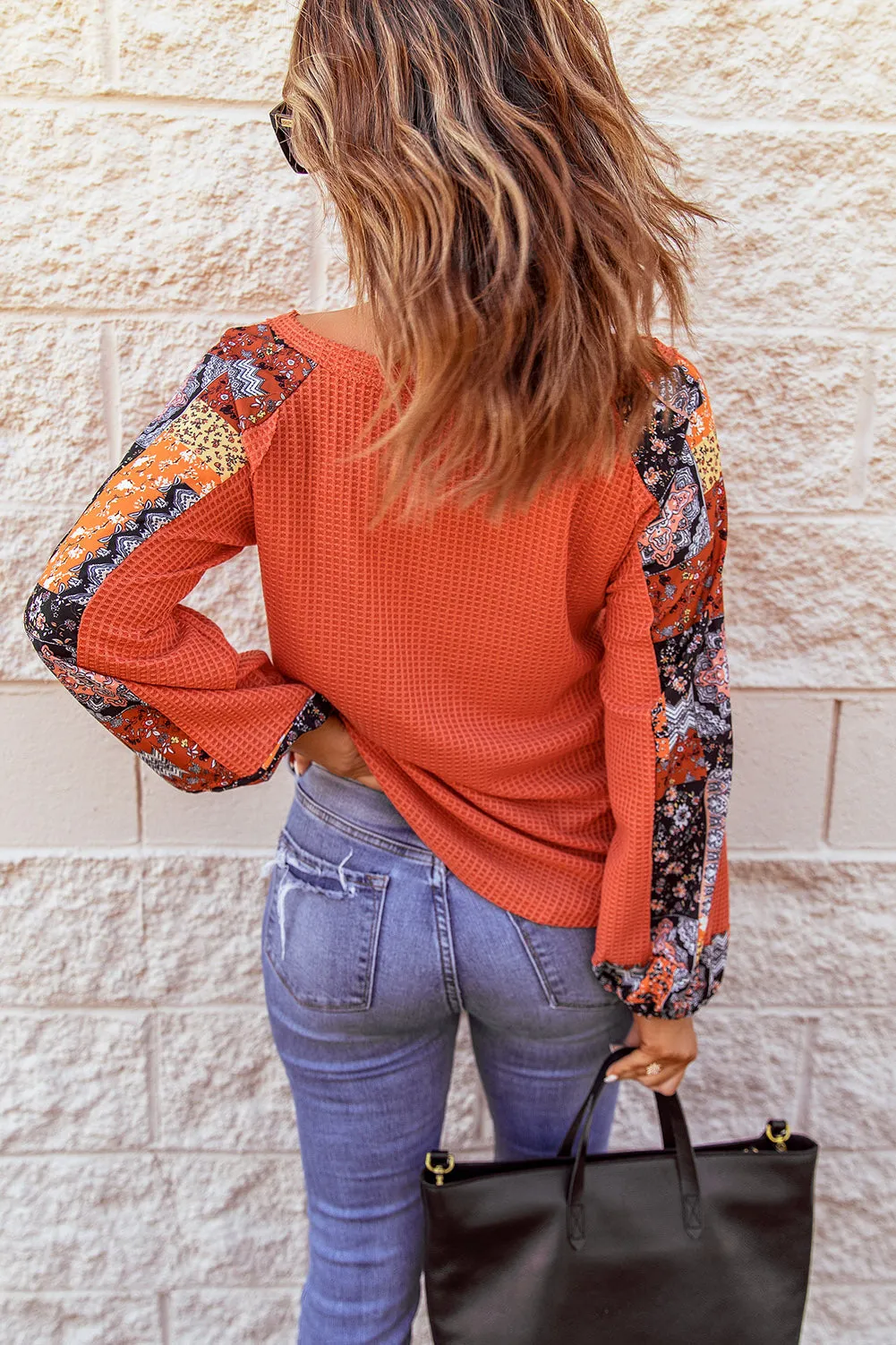Orange Long Sleeve Contrast Eyelet Thermal Knit Top