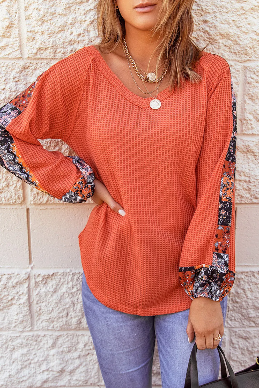 Orange Long Sleeve Contrast Eyelet Thermal Knit Top