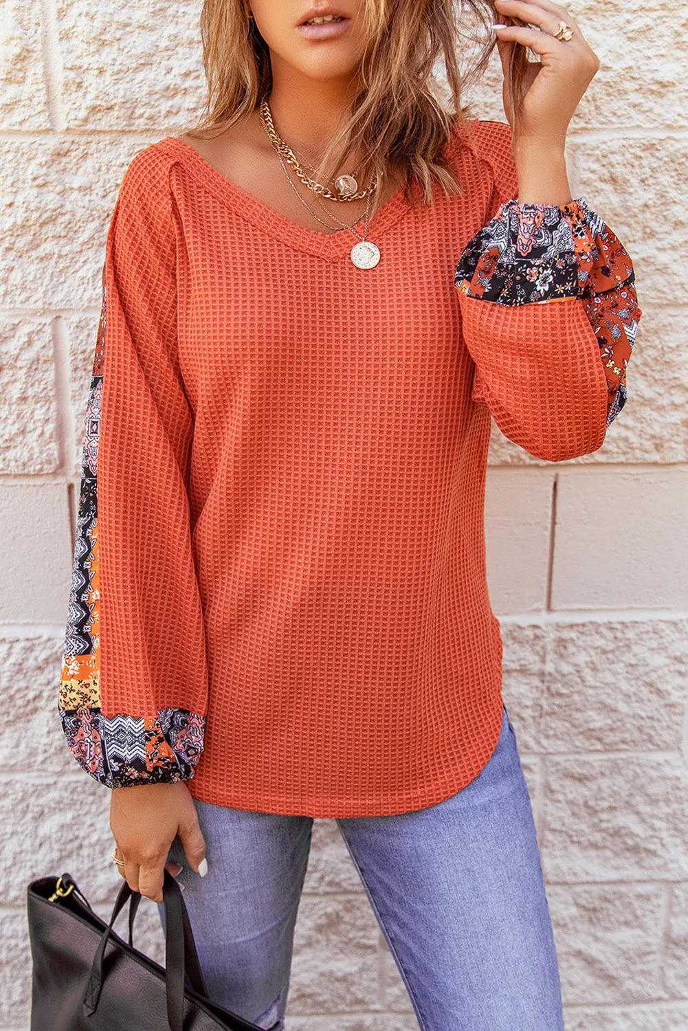 Orange Long Sleeve Contrast Eyelet Thermal Knit Top