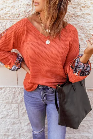 Orange Long Sleeve Contrast Eyelet Thermal Knit Top