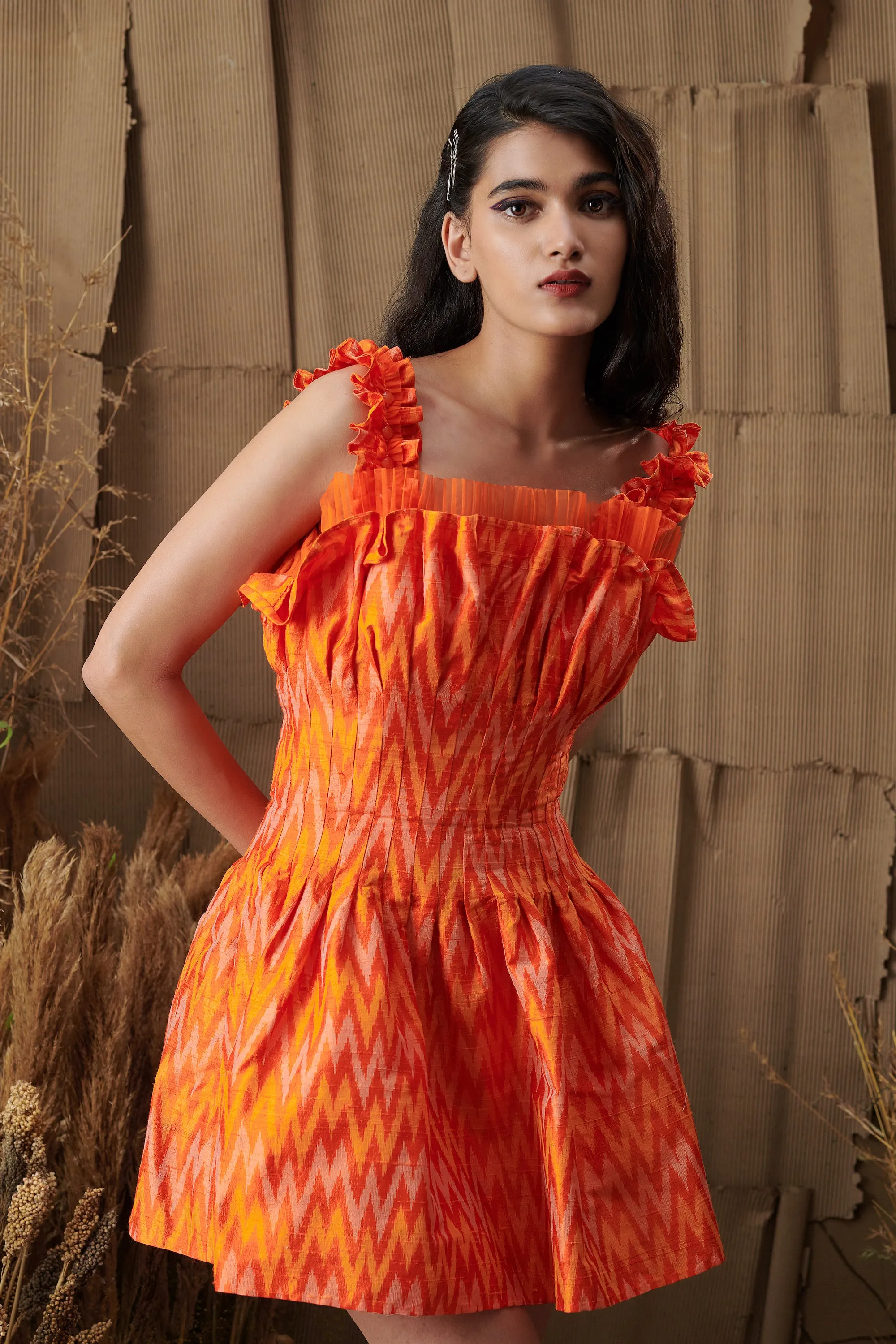 Orange Pleated Peplum Dress