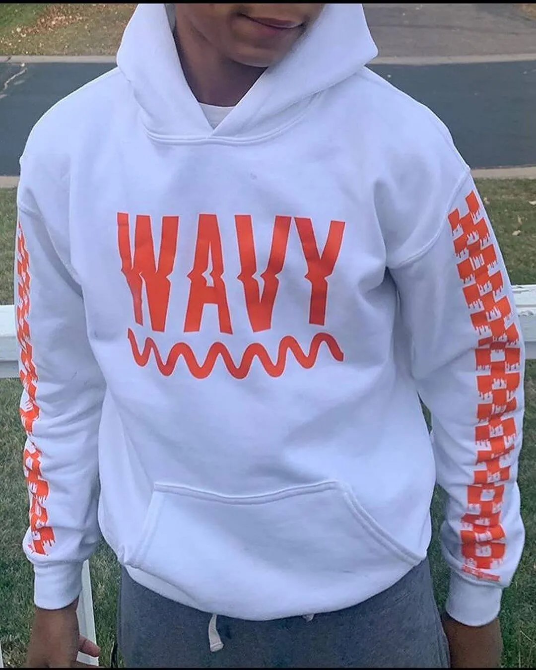 Orange Wavy | White Hoodie (Solid Checkered Drippin Sleeve)