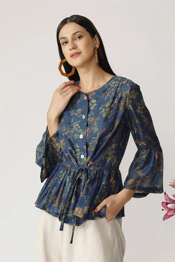 Payal Pratap   II   Morning Glory Clover Peplum Top Blue/Multicolor