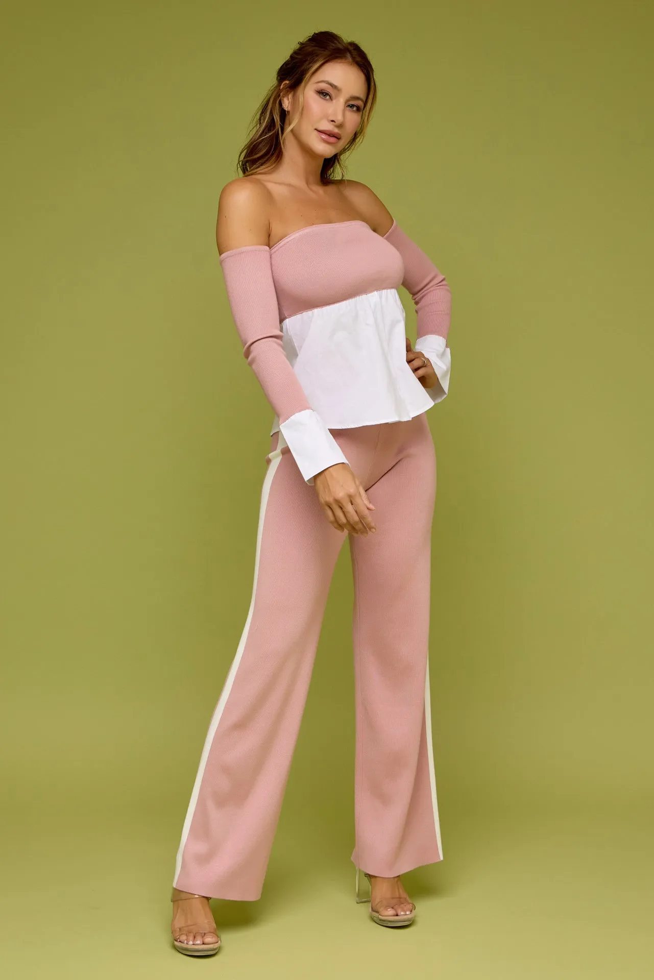 Peek-A-Shoulder Knit Top With Pants Set