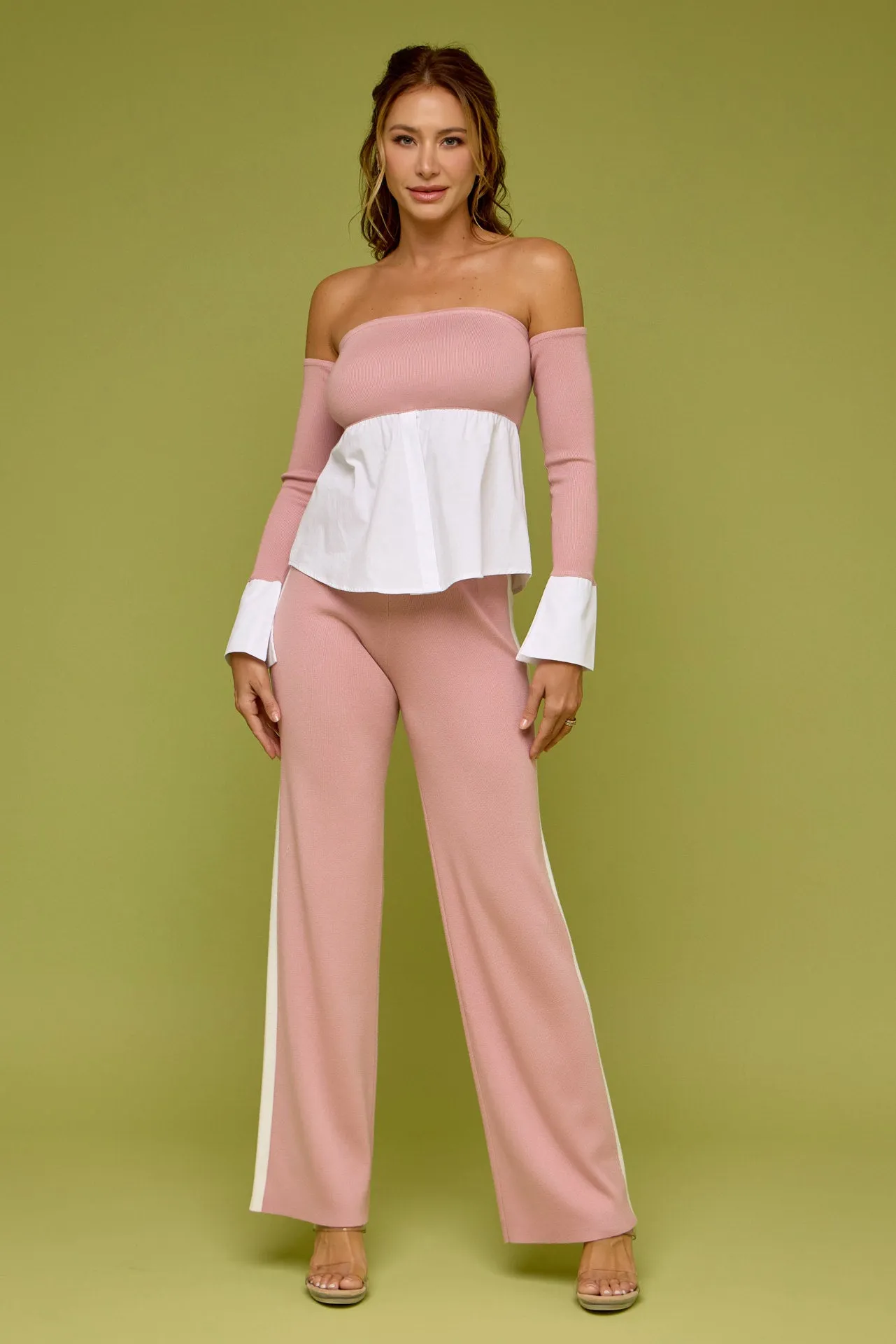 Peek-A-Shoulder Knit Top With Pants Set