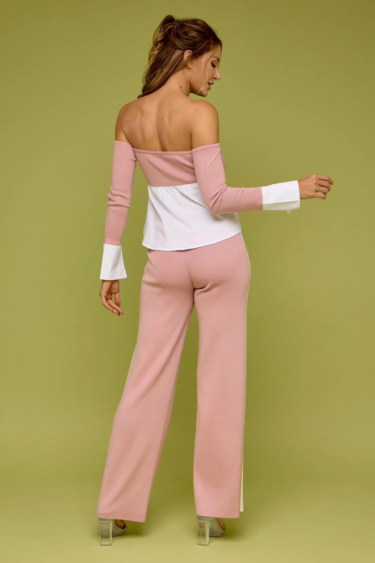 Peek-A-Shoulder Knit Top With Pants Set