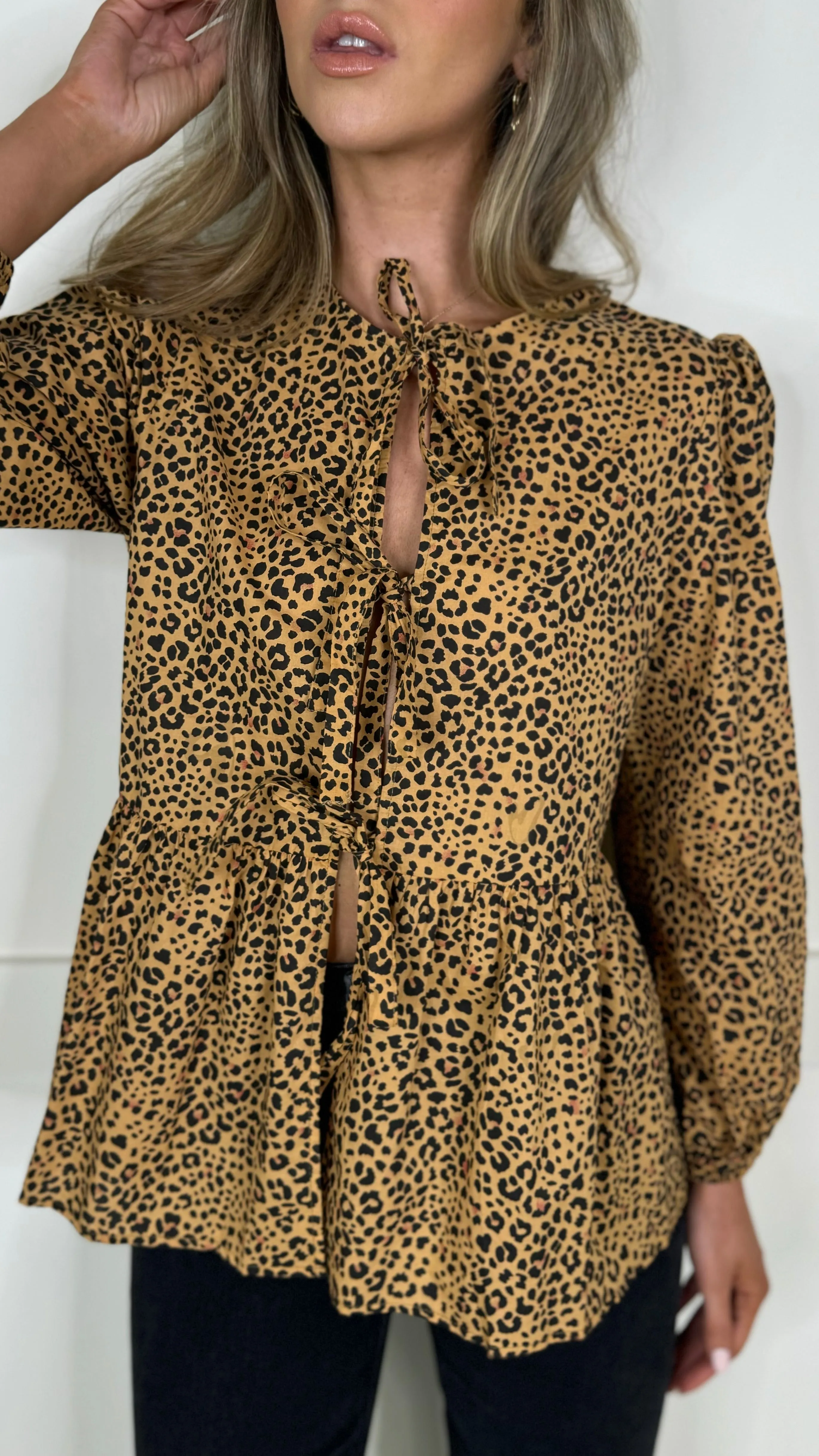 Penny Beige & Black Leopard Printed Tie Detail Top