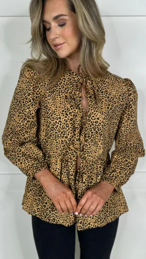 Penny Beige & Black Leopard Printed Tie Detail Top