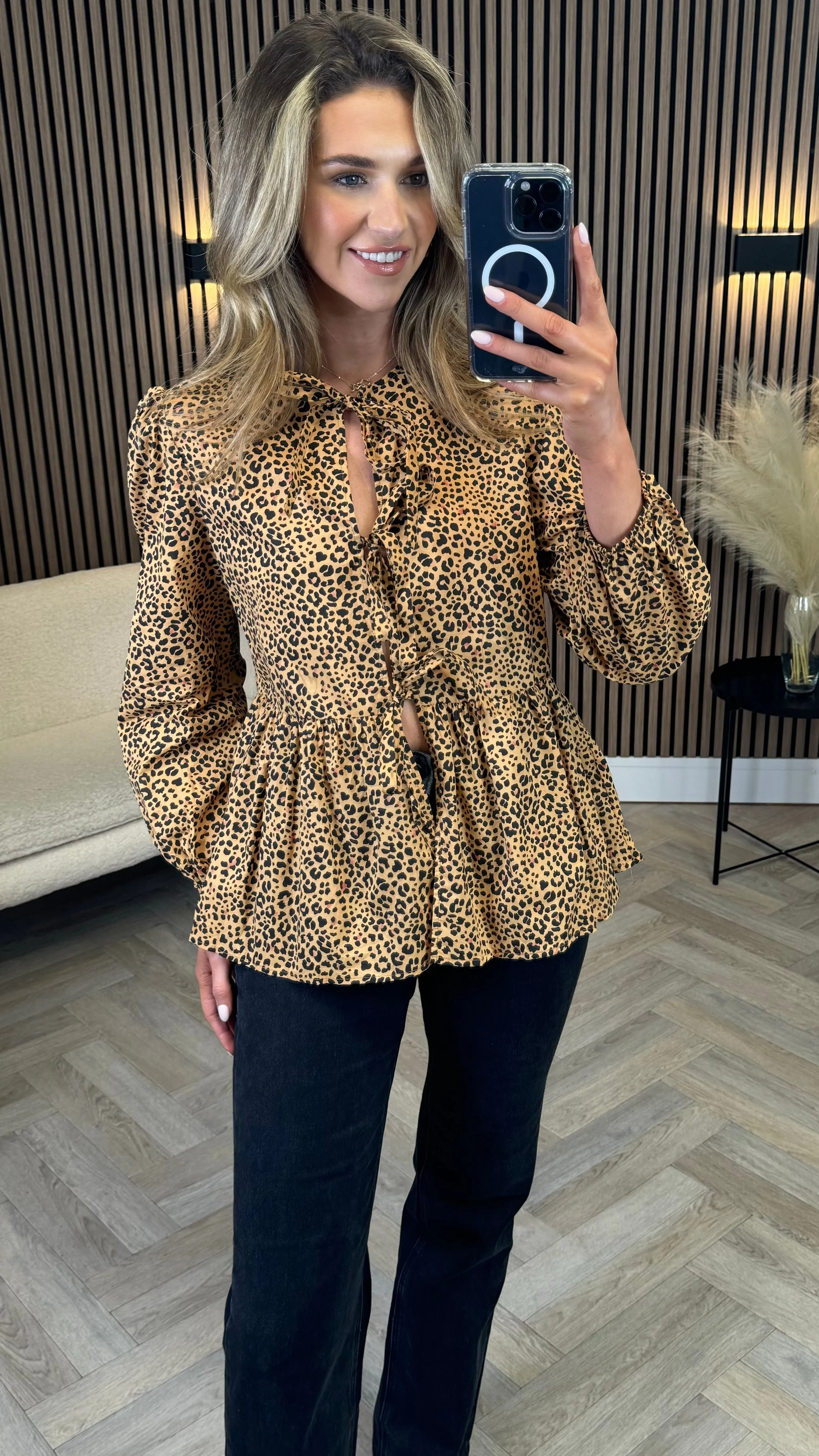 Penny Beige & Black Leopard Printed Tie Detail Top