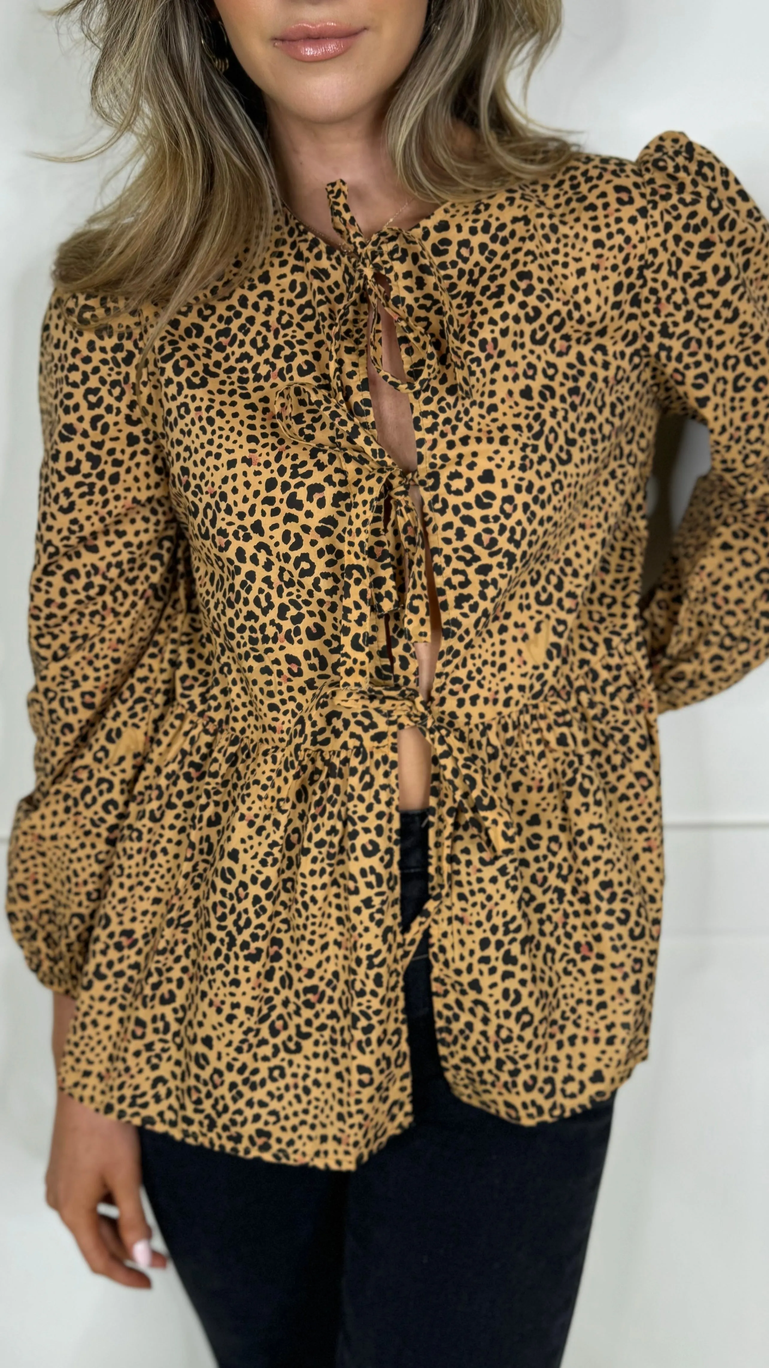 Penny Beige & Black Leopard Printed Tie Detail Top