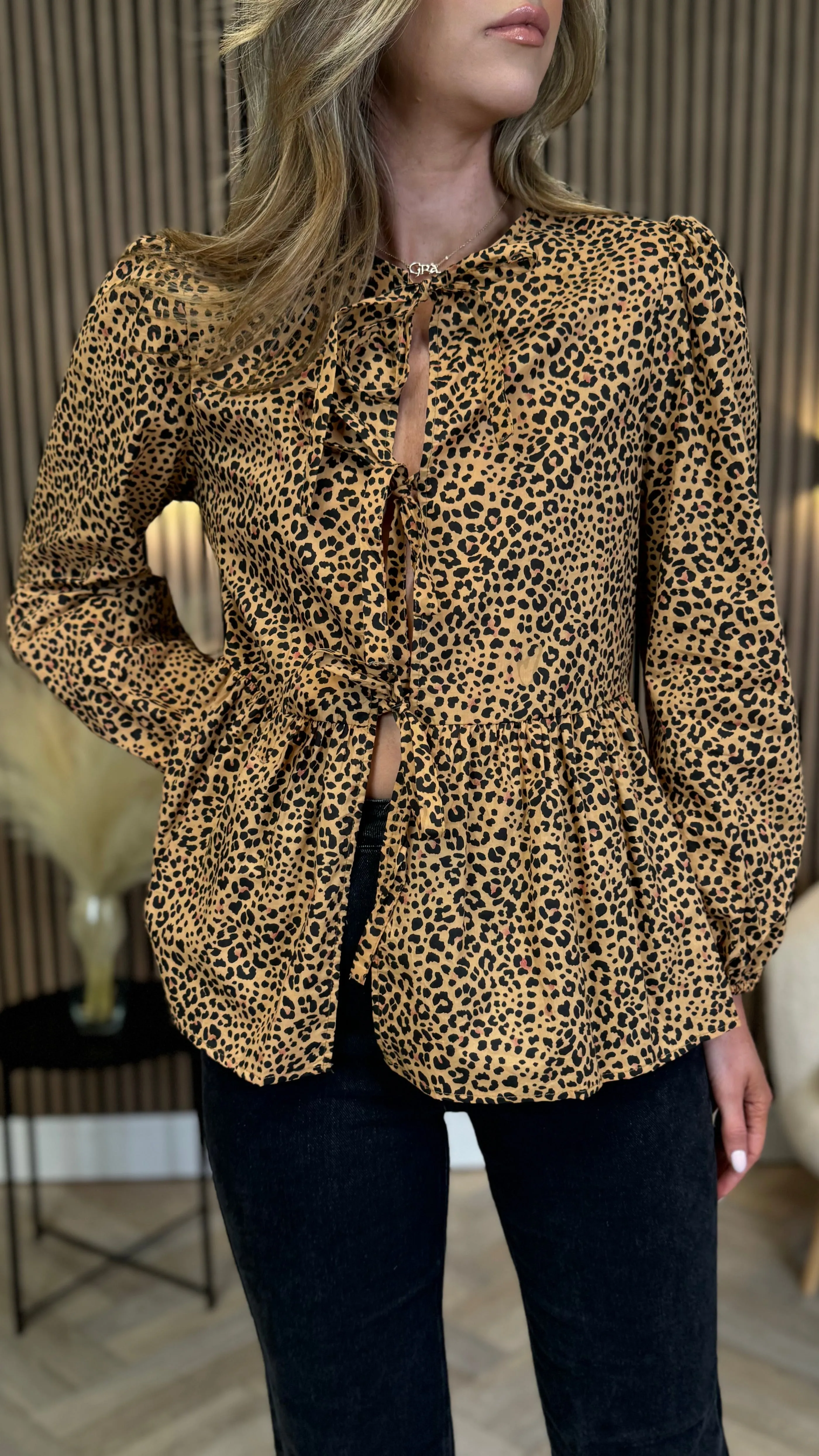 Penny Beige & Black Leopard Printed Tie Detail Top