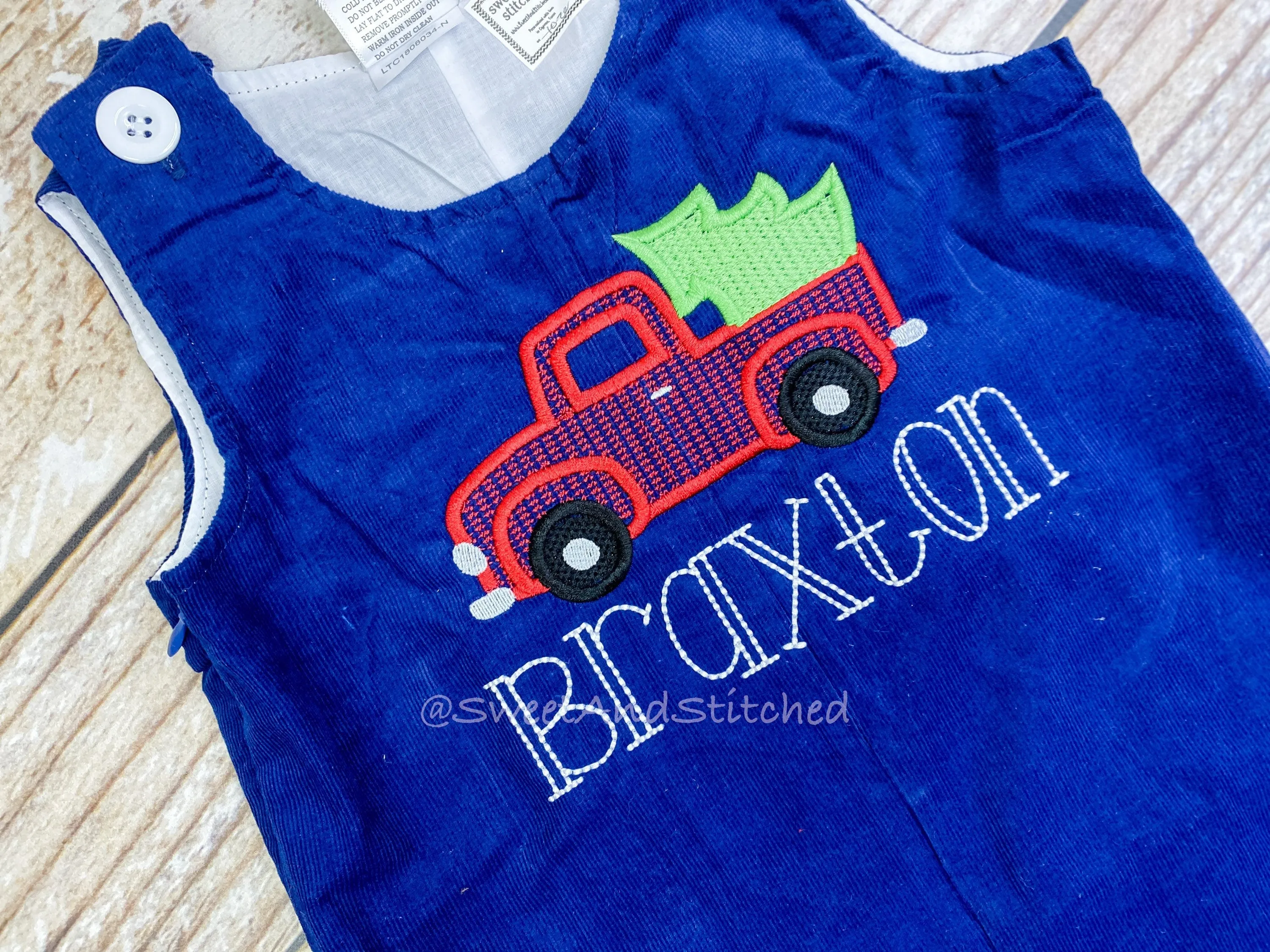 Personalized Baby Boy Christmas outfit with truck and tree - navy corduroy monogrammed Christmas overalls personalized