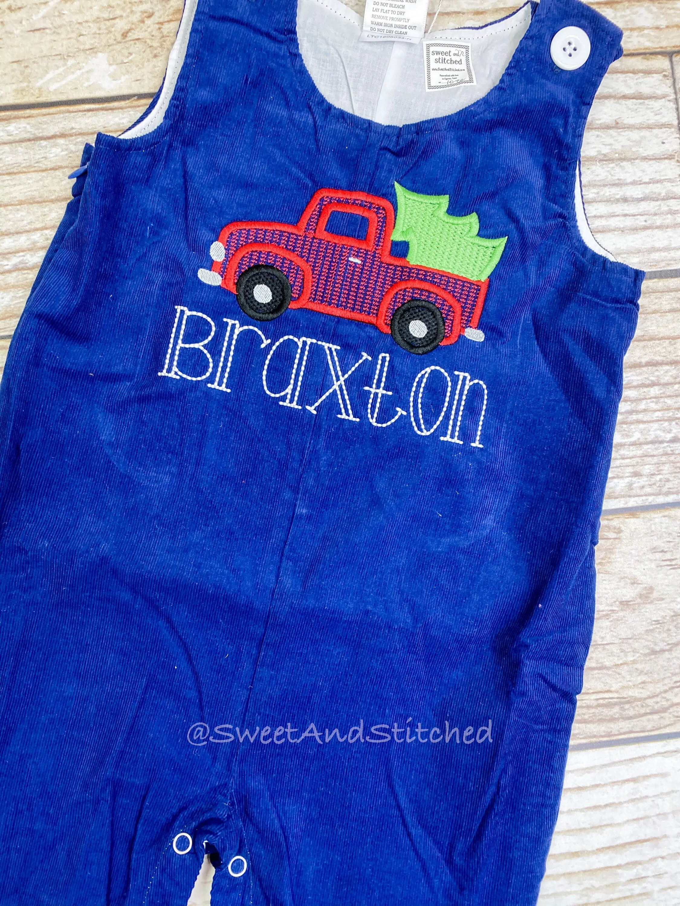 Personalized Baby Boy Christmas outfit with truck and tree - navy corduroy monogrammed Christmas overalls personalized