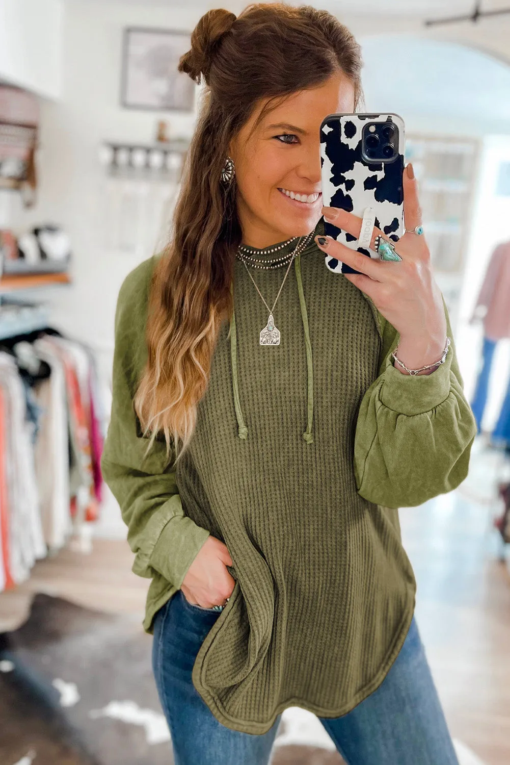 Pickle Green Khaki Waffled Expose Seam Drawstring Hoodie