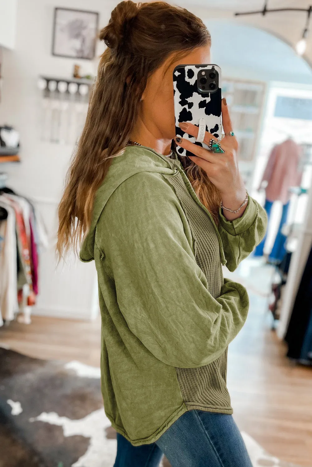 Pickle Green Khaki Waffled Expose Seam Drawstring Hoodie