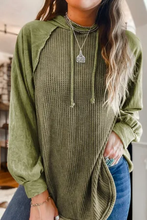 Pickle Green Khaki Waffled Expose Seam Drawstring Hoodie