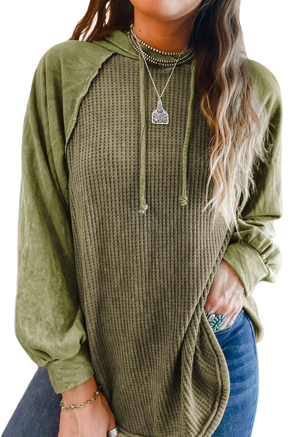 Pickle Green Khaki Waffled Expose Seam Drawstring Hoodie