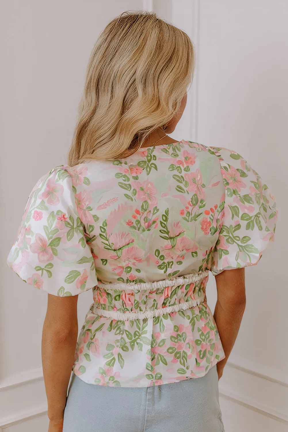 Pink Floral Puff Sleeve V Neck Tied Front Peplum Blouse