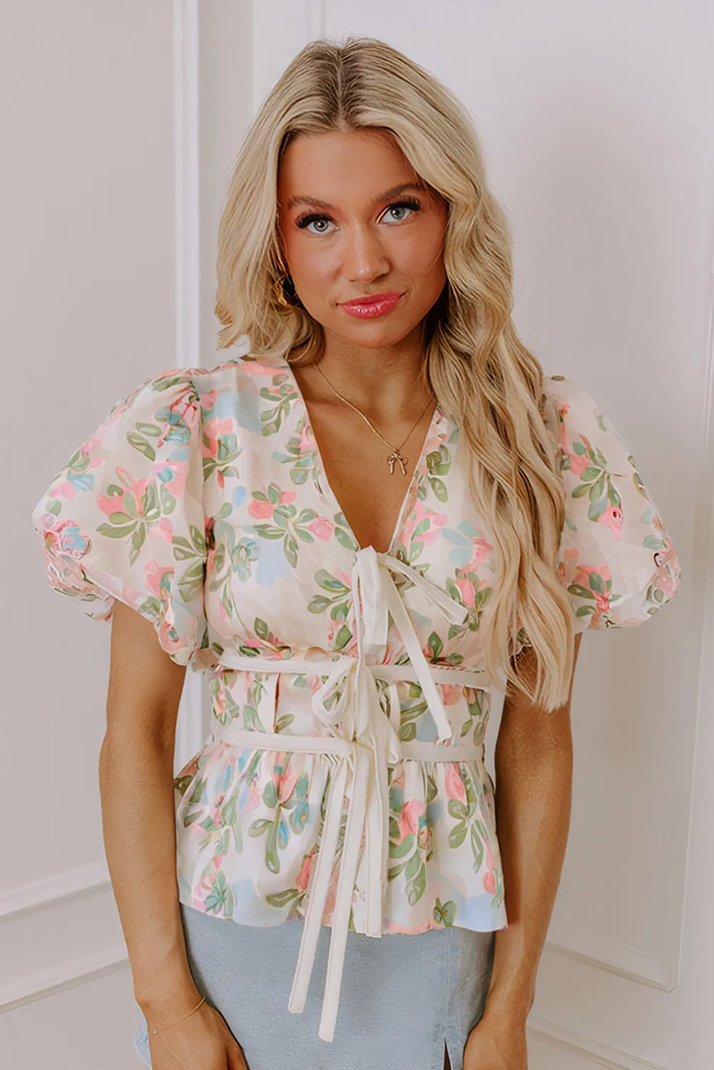 Pink Floral Puff Sleeve V Neck Tied Front Peplum Blouse