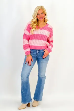 Pink Knit V-Neck Stripe Sweater *Final sale*