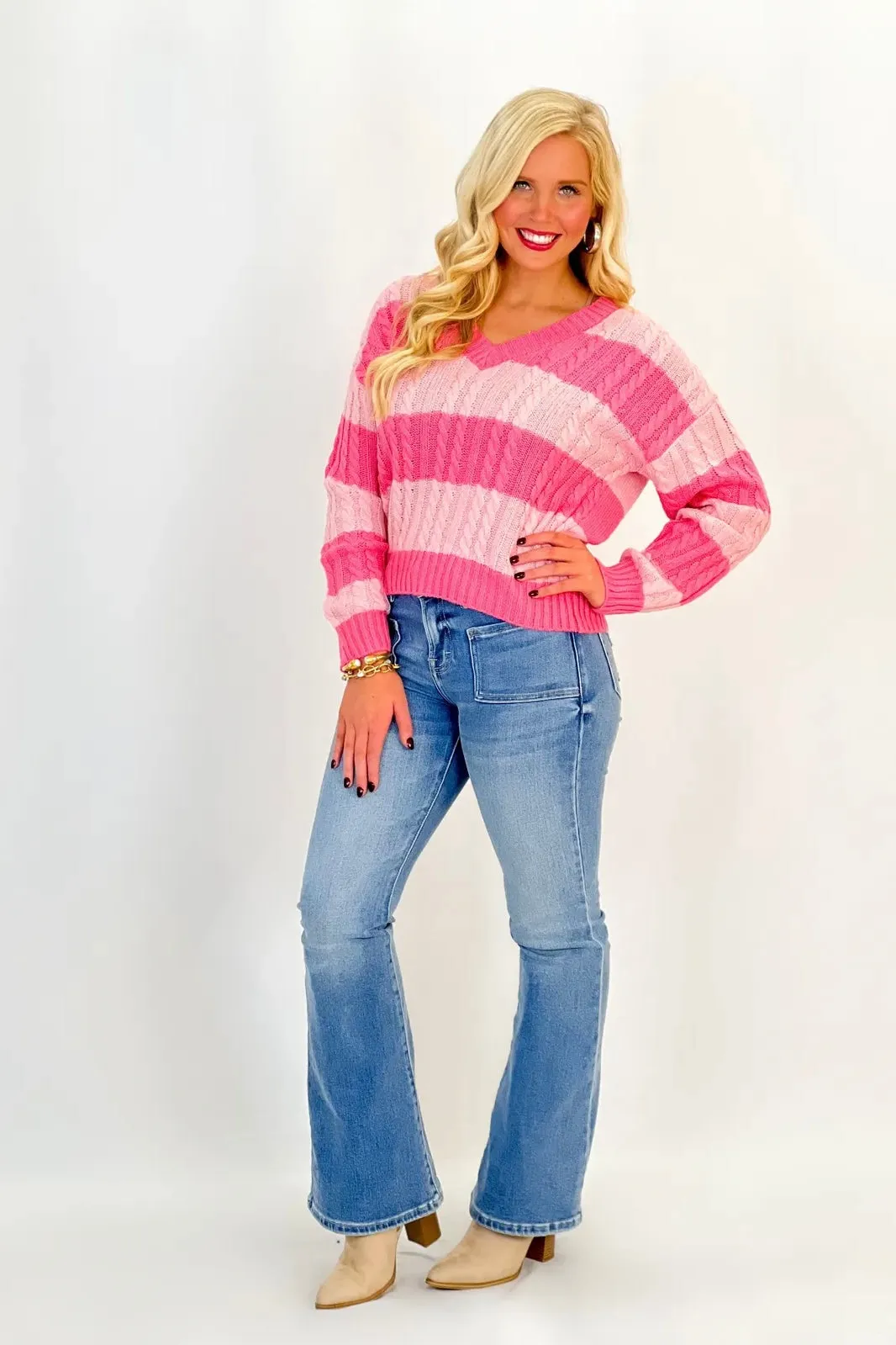 Pink Knit V-Neck Stripe Sweater *Final sale*