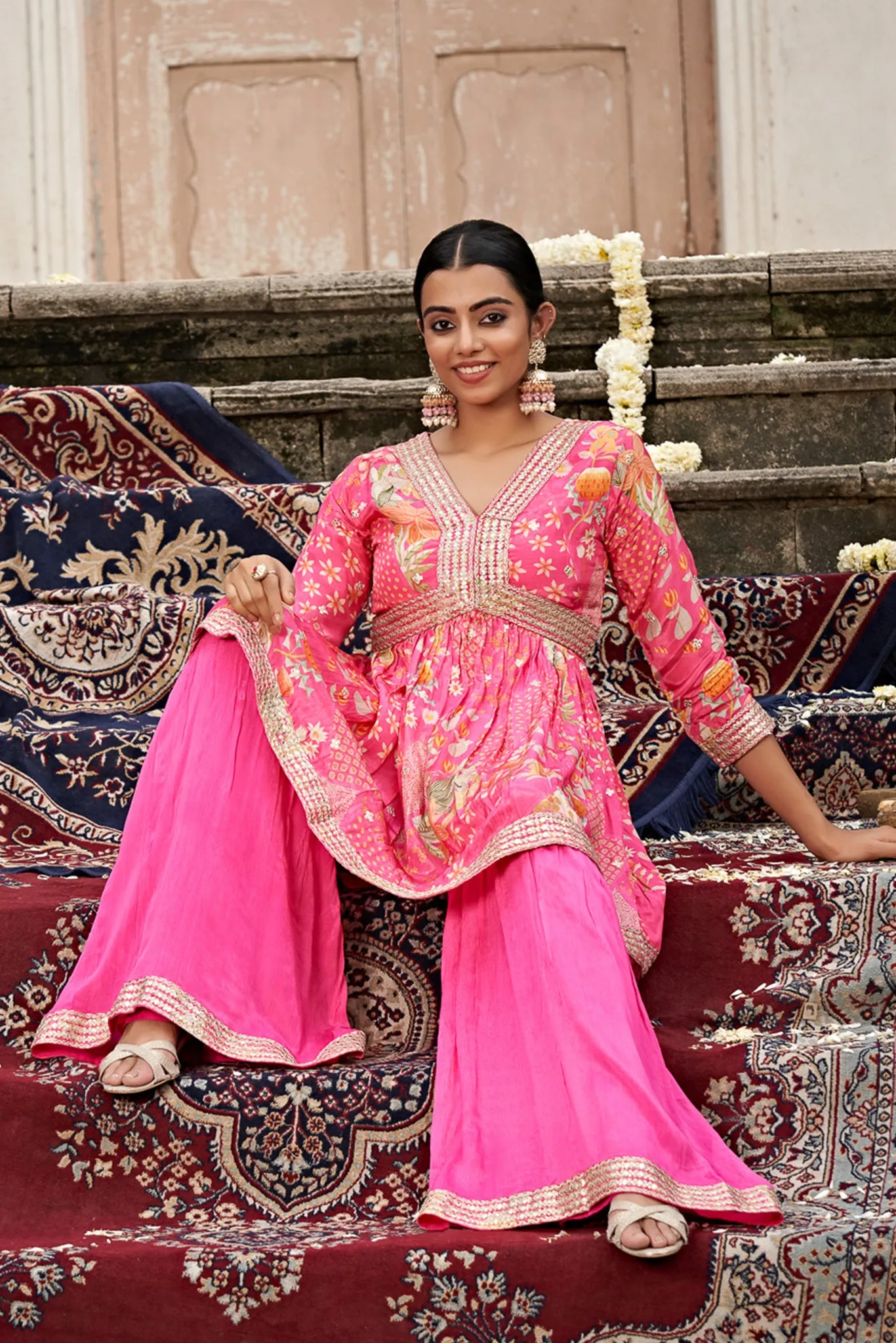 Pink Printed Paplum top with Sarara Pants co-ords